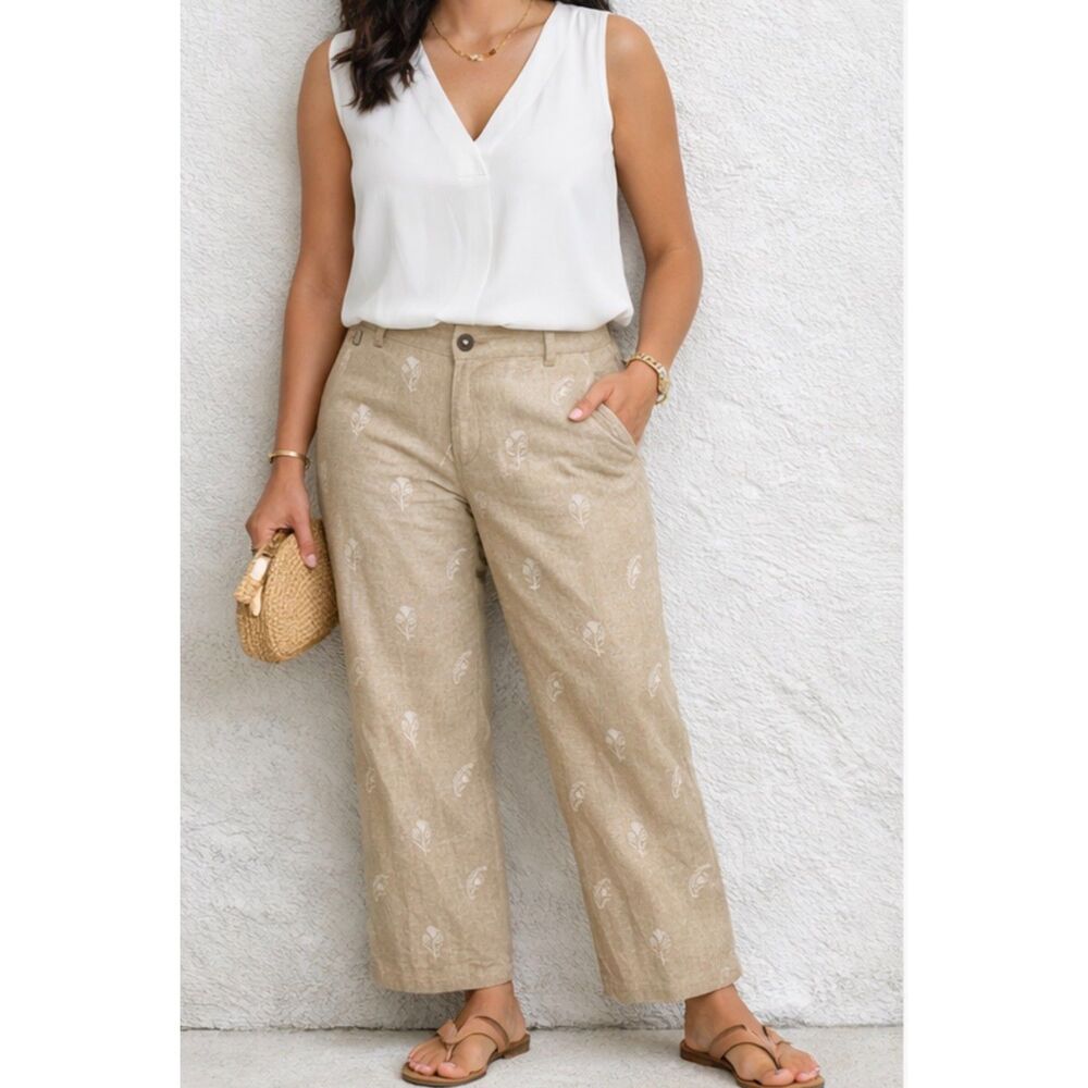 Calligraphie Beige Embroidered Paisley Pants 6 Linen Rayon Blend Summer Casual